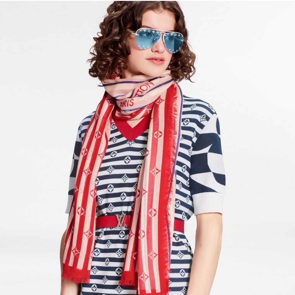 Louis Vuitton Limited Edition Striped Red Blue Monogram Scarf Pareo Shawl M76193